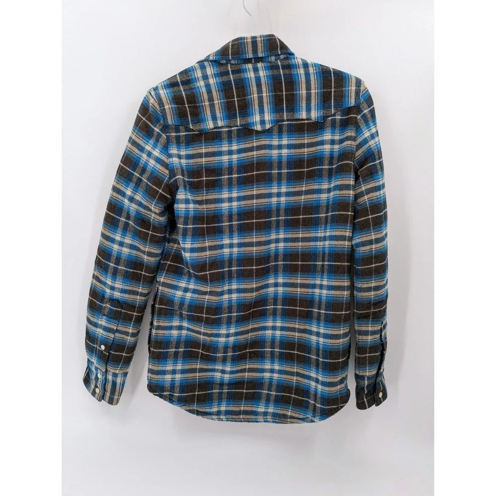 True Religion Sherpa Lined Flannel Shirt Jacket Blue Plaid Western Pearl Snap XS